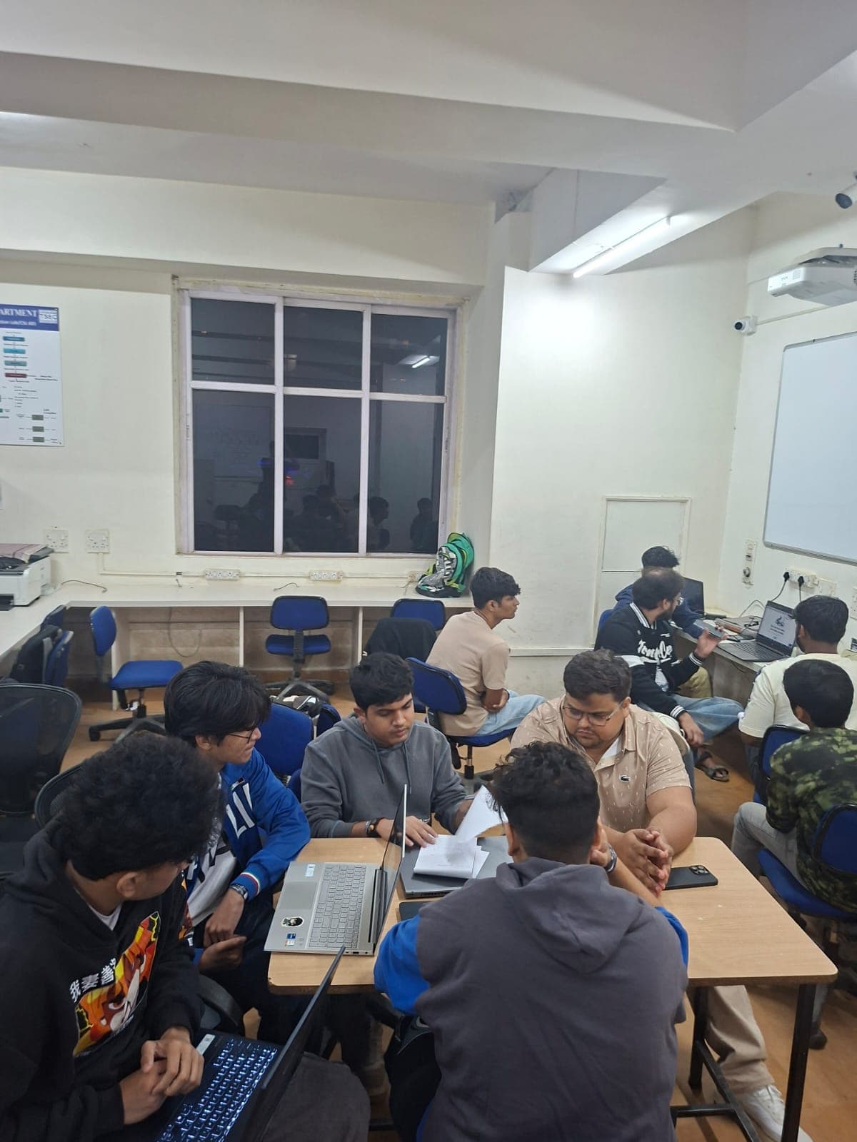 Team discussion late at night during a hackathon