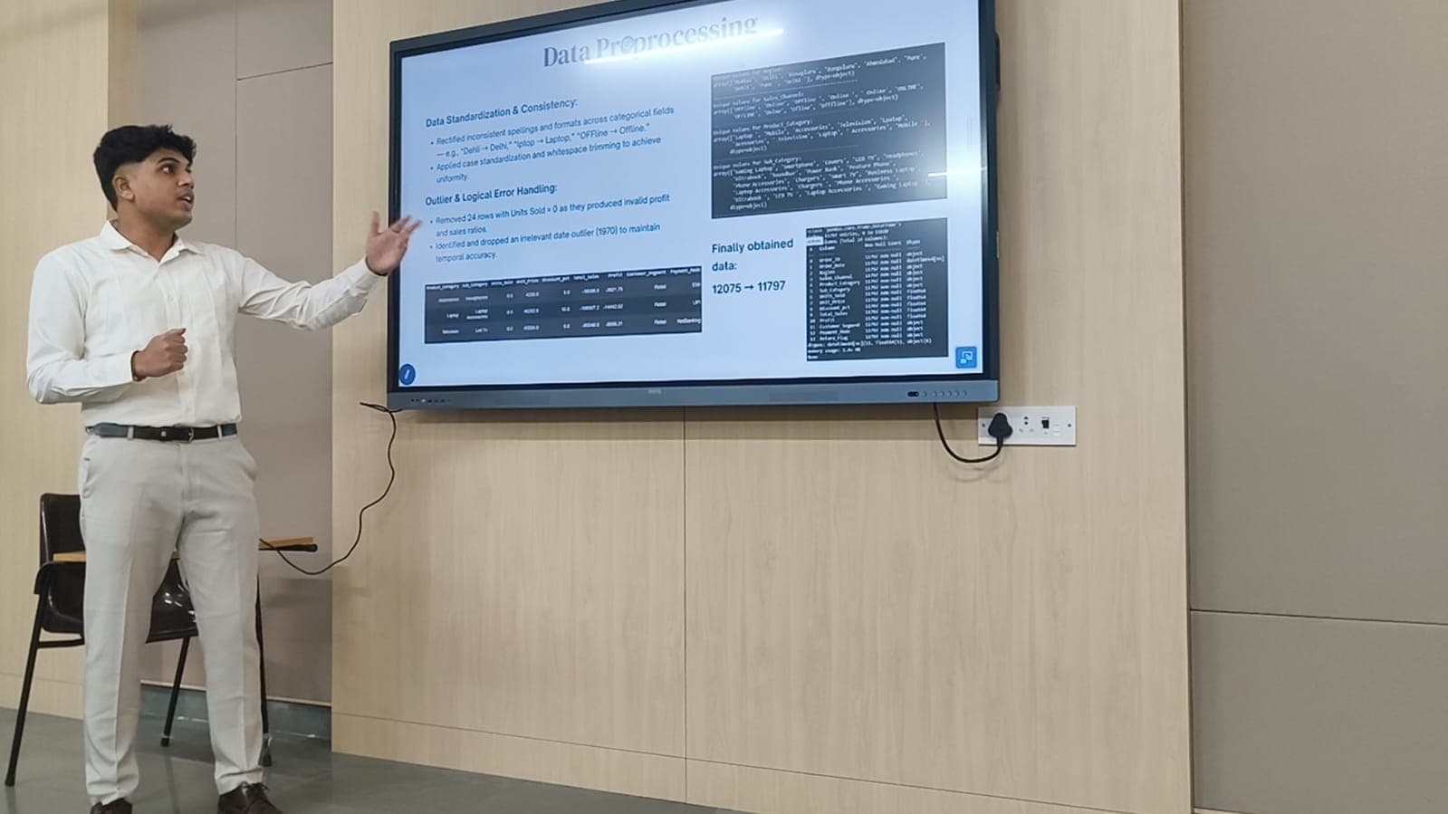 Presenting data preprocessing steps on a screen